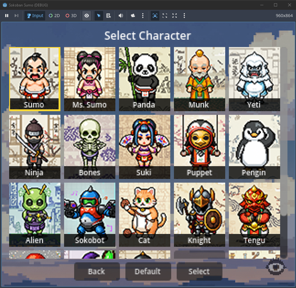 Character selection grid with 15+ unlockable characters